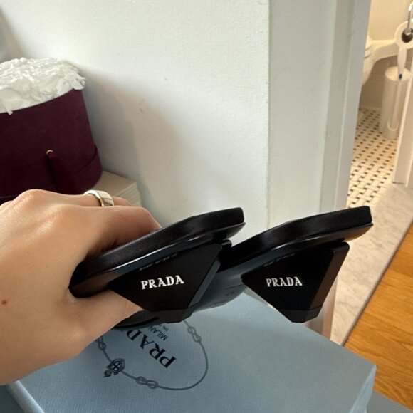 NWT Prada Slip-on mules Black Satin Square Toe Triangle Heels Sz 37 - Picture 8 of 9